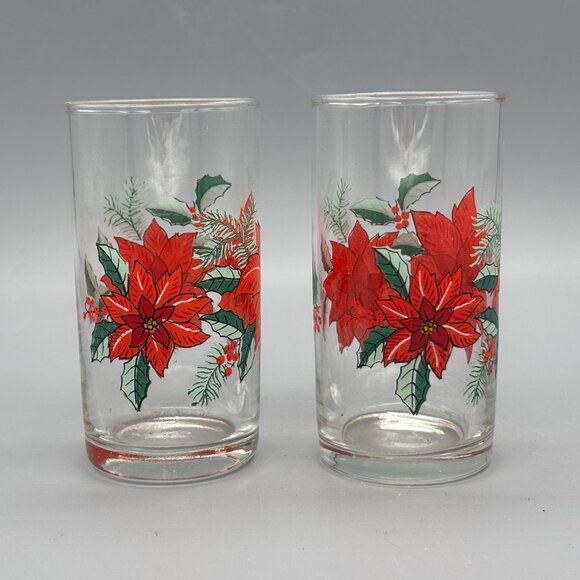 Vintage Poinsettia Christmas Drinking Glasses – Set of 2 Holiday Tumblers - Picture 5 of 6